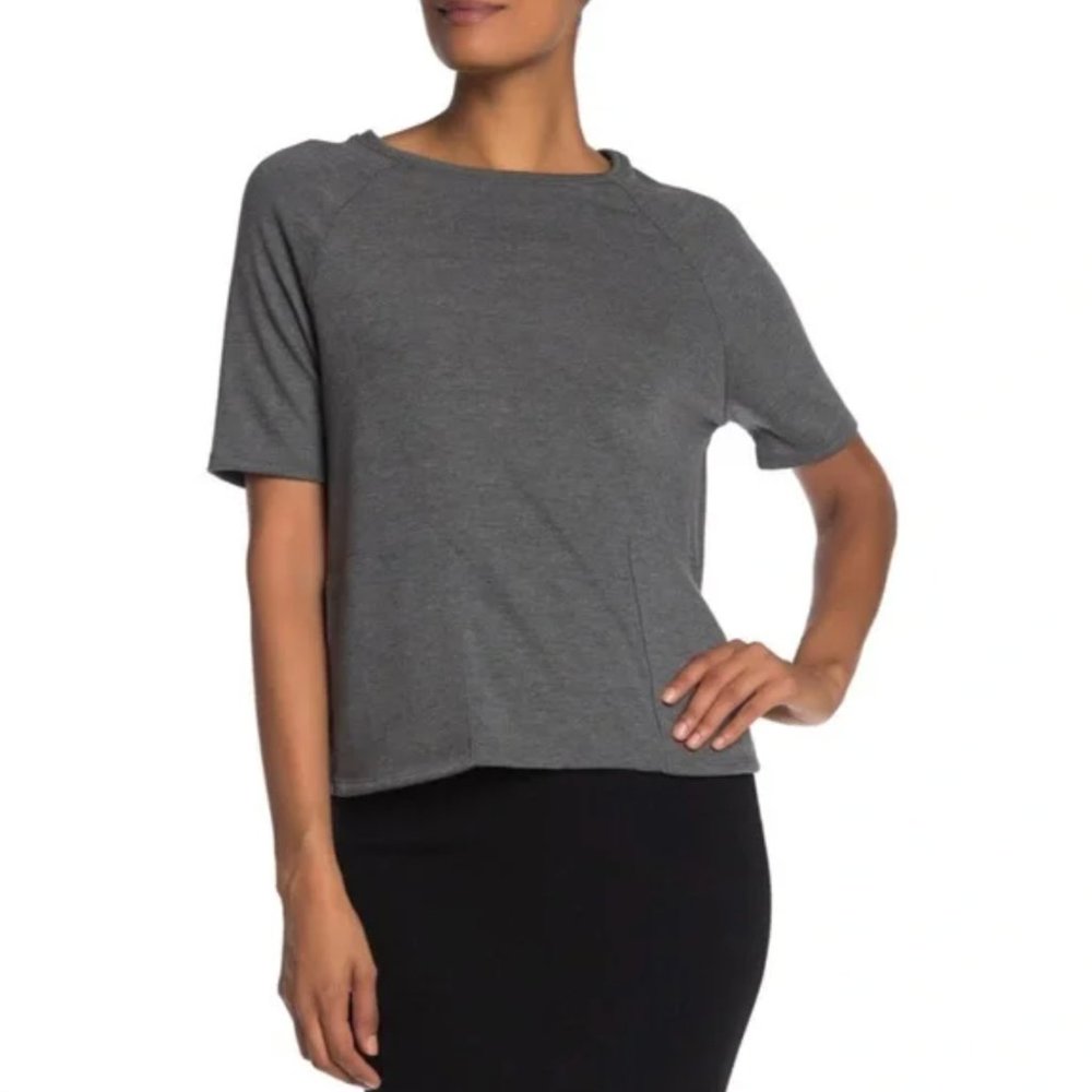 Go Couture Gray Short Sleeve Round Neck Casual Solid Pocket Shirt Sz Lar…